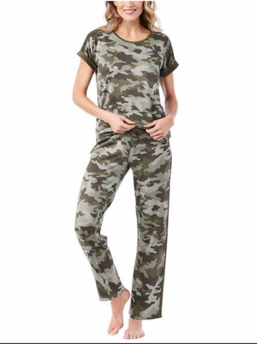 Lucky Brand Womens Green Camo Pajamas Lounge Top Sz Small & Bottoms Sz Small